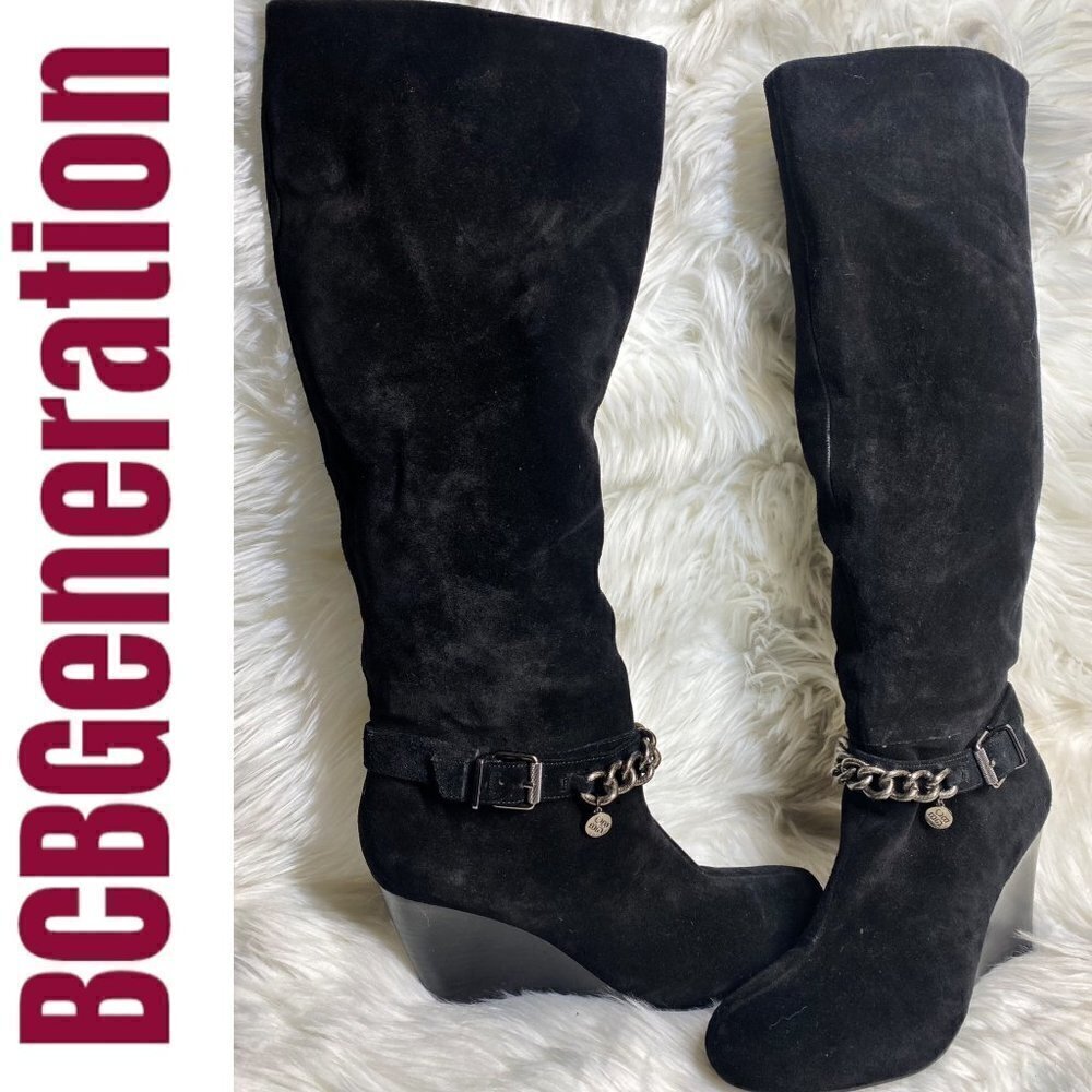BCBGeneration Merryl Black Genuine Suede Tall Wedge Chain Link Boots, Size 9